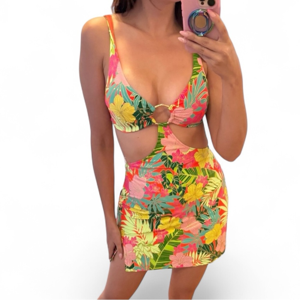 NWT Beach Bunny Cece Swim Mini Dress Yellow Jungle Floral Color